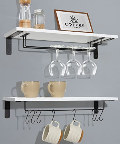 Afuly Coffee Bar Shelf, 20 Inch Wall Mounted Shelves for Mugs & Glasses, Floating Shelves with 8 Hooks, Coffee Cup Wall Holder, Set of 2