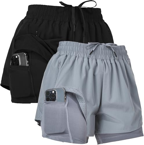 Ultra Performance Womens Running Gym Shorts Women Pack of 2, Nylon Compression Workout Shorts Women with Liner Black, Grey