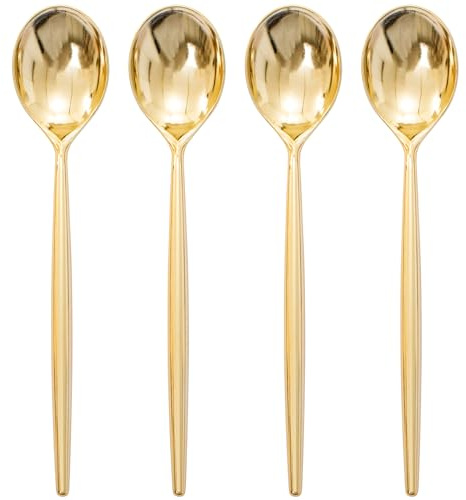 I00000 90 Pcs Gold Plastic Spoons,Disposable Silverware, Gold Plastic Cutlery, Heavy Duty Disposable Spoons Perfect for Parties, Wedding & Dinners
