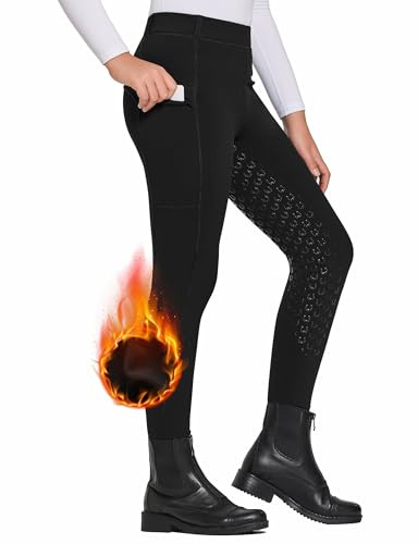 FitsT4 Sports Girls Winter Riding Pants Fleece Lined Riding Breeches Kids Full Seat Equestrian Pants Tights with Pockets Black,S