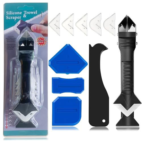 Silicone Caulking Tool Caulk Remover 3 in 1 (Stainless Steelhead), Sealant Finishing Tool Grout Scraper, Reuse and Replace 5 Silicone Pads, Great Tools for Kitchen Bathroom Window, Sink Joint