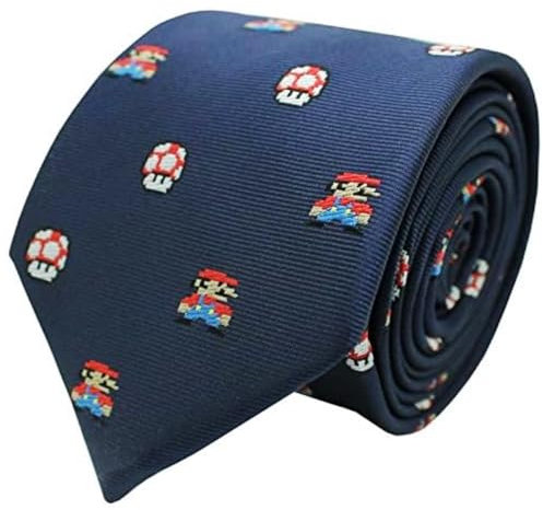 BRACO Corbata Mario Bros Pixels Seta Toad - Azul Marino Estrecha Elegante Corbata de Videojuegos - Tamaño 6 x 155 cm.