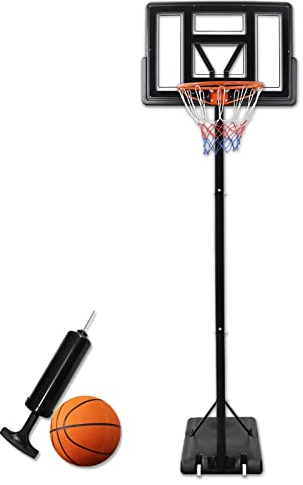 Aufun Basketballkorb Outdoor 230-305cm Höhenverstellbar mit Ständer Rollen Inkl.Basketball + Pumpe Tragbarer Basketballständer mit Standfuß für Jugendliche Basketball Ziel Spiel