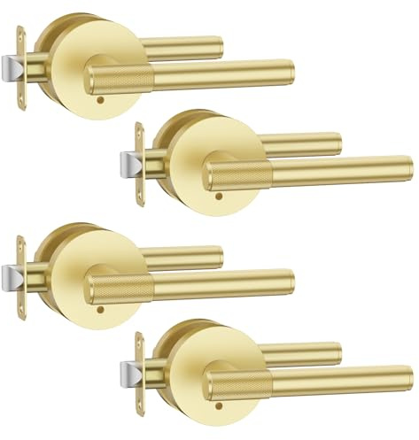 Asidrama 4 Pack Privacy Gold Door Handles, Door Lever with Door Knobs Indoor for Bedroom or Bathroom, Heavy Duty Brushed Gold Door Handles Interior with Locks for Left Right Sided Doors