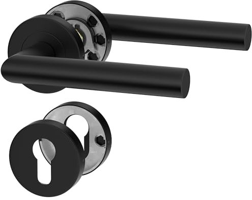 ERGO line NINA Poignée de porte d'intérieur, noire, pour portes équipées d'une serrure à cylindre, paire de poignées de porte sur rosaces rondes, noire mate, acier inoxydable, poignée