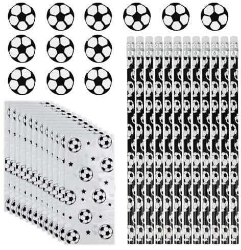 12Pezzi Gadget Matite da Calcio Divertenti, HB Matita in Legno a Tema Calcio, 12Pezzi Mini Gomme da Cancellare da Calcio con 12 sacchetti regalo, Scuola Cancelleria a Tema Calcio per Studenti Bambini