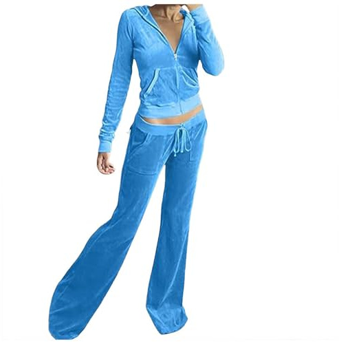 Womens Velour Tracksuits Set Sweatsuit Long Sleeve Zip Up Hoodie Top and Jogging Pants 2 Piece Sports Outfits Casual Loungewear Ladies Velvet Jogger Suit Sportswear for Ladies (Sky Blue, S)
