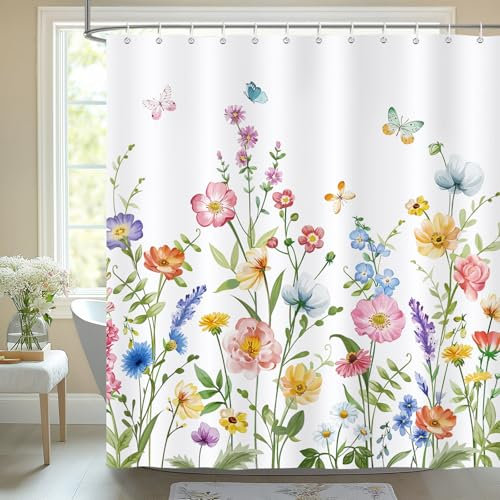 Bonhause Cortina de Ducha Primavera Flores de Acuarela Coloridas Planta Mariposa Cortina de Baño de Poliéster Impermeable Antimoho Lavable Cortina Ducha 180 x 180 cm con 12 Ganchos