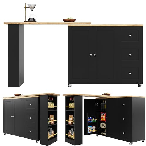 Bbord Utdragbart matbord på hjul med 3 lådor och 2 dörrar, modernt köksbord skänk med öppet förvaringsutrymme och snackshållare, buffébord sidobord för vardagsrum kök (svart)