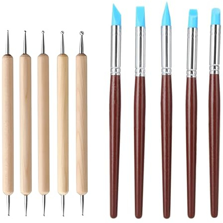Set di 10 attrezzi per modellare argilla, pennelli in gomma siliconica, strumenti per la scultura in ceramica, argilla, nail art, fondente, blu e legno