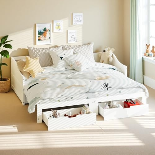 Canapé-Lit en Bois Massif 90/180x200 cm, Lit Canapé 2 Places Convertible avec 2 tiroirs de Rangement et sommier à Lattes, Canape Lits Extensible avec Dossier et Accoudoirs, Sans Matelas (Blanc)