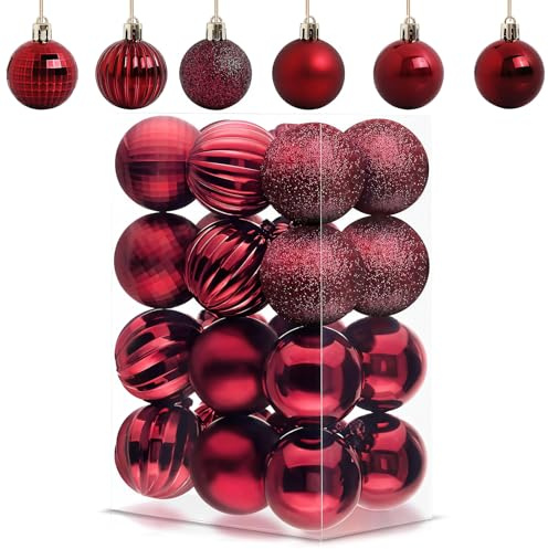 24Pcs Burgundy Baubles for Christmas Tree Decorations,60mm/2.36 Large Xmas Bauble Hanging Ball,Christma Balls Ornaments with Strings,Shatterproof Wine Red Christmas Baubles for Xmas Tree Party Decor