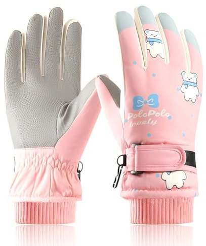 Doodlewitz Children's Winter Ski Gloves, Waterproof Windproof Thermal, with Plush Fleece Lining Snow Gloves for Boys Girls, Fun Cartoon Patterns Cold Weather Mittens for Snowboarding