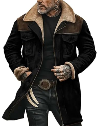 Motorcykel jacka herr retro, läderjacka herr vinter fodrad mocka jacka varm bikerjacka bekväm utomhusjacka med flera fickor läderblus tjock trenchcoat med dragkedja vinterjacka, svart, 3XL
