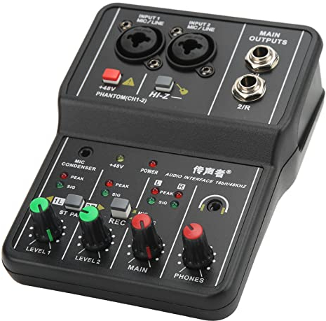 Mini Audio Mixer, USB 2 Channel Professional Sound Board Console System, 40dB Gain Range, 48V Power Mini Mixer for Live Broadcast, Karaoke and Stereo Recording