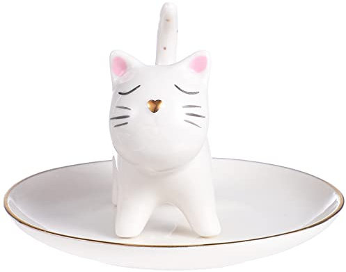Cabilock Plateau à Bijoux Chaton Plateau De Tour De Bijoux Statue De Chat En Céramique Plat De Bibelot Chaton Vide-poches En Poterie Anneau Regardez Porcelaine Blanche Boîte De Rangement