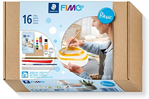 STAEDTLER Basic Set FIMOair, lufttrocknende Modelliermasse mit Zubehör, geschmeidige Konsistenz, formstabil, 500g FIMOair weiß, 10-teiliges Set zur Grundausstattung, 81 SET 01