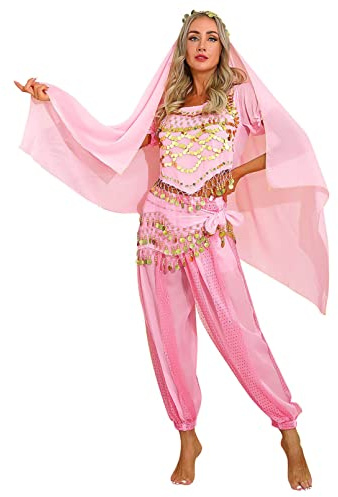 winying 4Pcs Robe Danse du Ventre Indienne Femmes Ensemble Danse Latin Samba Salsa Top Paillette Costume Carnaval Fete Déguisements Princesse Inde Dansewear Rose Clair Taille unique