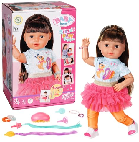 BABY born Sister Play & Style Brunette 43 cm, Puppe mit Haaren und 8 Funktionen für Kinder ab 4 Jahren, funktioniert ohne Batterie, 835371 Zapf Creation