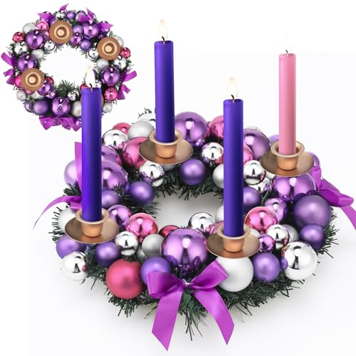 Meooeck Set di ghirlande dell'Avvento con nastro viola, calendario, portacandele cattolico dell'Avvento, centrotavola, con nastri e palline, regali dell'Avvento, candele natalizie