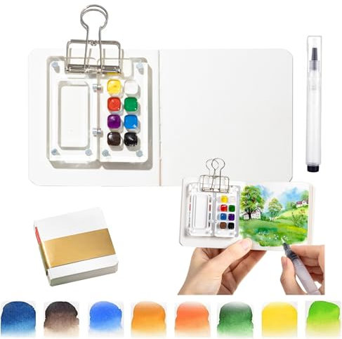 Pocket Painting Kit,Gouache Palettes- 8 Grids Mini Watercolour Paint Set Foldable Acrylic Palette With Sketchbook & Clip And Pen, For Outdoors Sketching, Painting