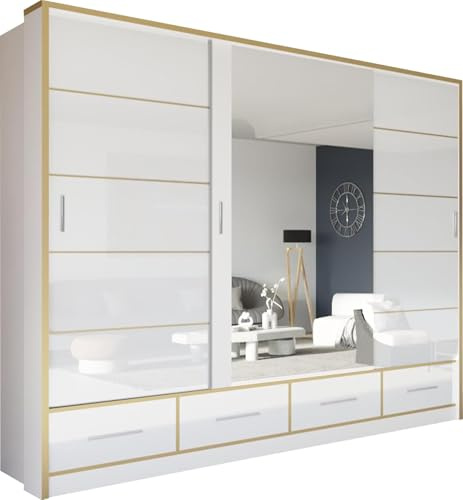 SLIDING WARDROBE 4U Manali Modern High Gloss Sliding Mirror Door Wardrobe with Drawers and Golden Strip (White Gold, 253cm)