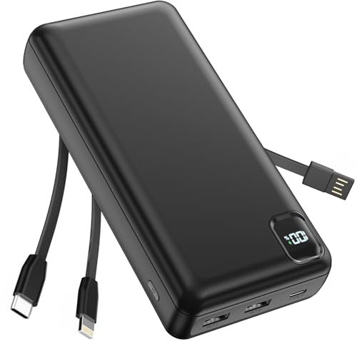 DRMARE Power Bank-50000mAh Powerbank Fast Charging PD 30W with 3 Built in Cables,5 Outputs & 2 Inputs LED Display Portable Charging for iPhone etc