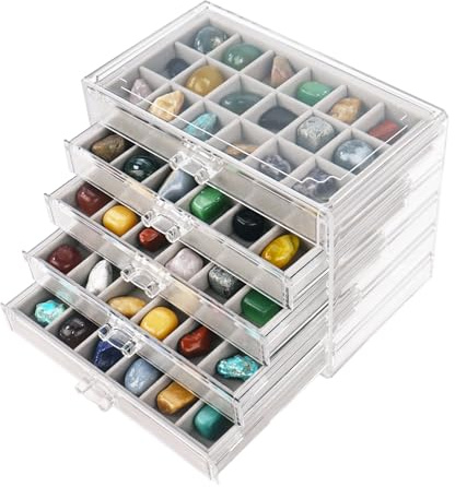 Dmnnlp Rock Vitrine, 5 tiroirs et 90 grilles en acrylique, coffre de rangement pour petits rochers, pierres précieuses fossile, cristal, pierre, objets de collection (gris)