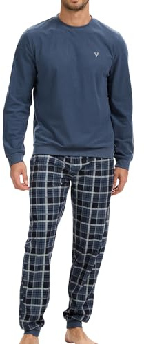 Mens Fleece Pyjama Set with Long Sleeve T-Shirt & Bottom Pants Sleepwear Loungewear & Nightwear for Men Soft & Comfortable Top & Trousers Size S-XL (UK, Alpha, S, Regular, Regular, Blue Checks)