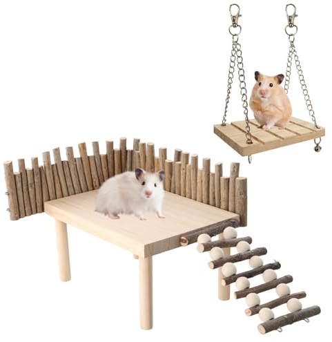 2 Pcs Jouet Hamster, Plateforme en Bois pour Hamsters avec Échelle, Clôture, Balançoire, Installation Facile, DIY Jouets à Mâcher pour Hamster Cage, Gerbilles, Lapin, Souris, Petits Animaux Cachettes