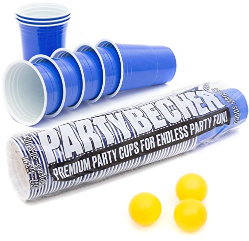 GOODS+GADGETS 100 Stück Blaue Partybecher; Wiederverwendbare Getränkebecher Blue Cups Trinkbecher 16 oz Kunststoff Party Becher Plastikbecher - Set inkl. 3 Tischtennis-Bälle