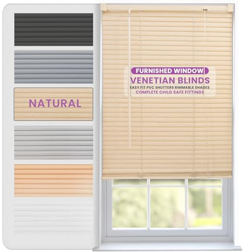 FURNISHED Venetian Blinds Window 25mm PVC Shades - Natural 180W x 210L cm | Venetian blind easy fit shutters trimmable for home kitchen windows treatment complete child safe fittings