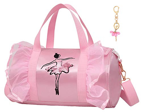 Dorlubel Cute Ballet Dance Bag Gym Travel Duffle Bag for Girls Tutu Dress Bag with Key Chain for Girls (Pink2 of Long Mesh)