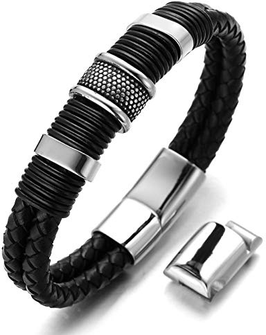 HALUKAKAH Men's Genuine Leather Titanium Bracelet Black Magnetic Clasp Solo Silver/Honor Gold/Nightwatch Black Size Adjustable 21.5-23cm with Free GIftbox (Solo Silver 21.5-23cm with an Extra Clasp)