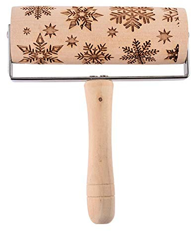 Unique WElinks Christmas Patterned Roller Baking Tools Embossing Baking Cookies Biscuit Fondant Cake Christmas Xmas Snowflake Wooden Rolling Pin (Snowflake)