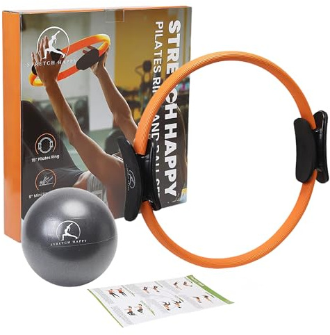 Stretch Happy Pilates Ring and Ball Equipment Set - Yoga Fitness Magic Circle And Mini Ball. FREE Guide. Resistance Workout, Muscle Toner, Pelvic Floor Exerciser,Abs & Thigh Strengthener At Home.