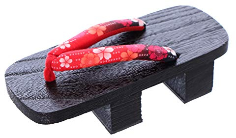 K-G-25-4 Rojo Sakura Flores Negro Madera Japón Geta Doble Tacón Sandalias Tabi Kimono Geisha, color Negro, talla 40 EU Weit