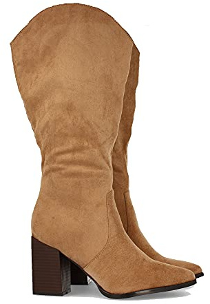Bota de Mujer, con Tacon Alto Cuadrado, de Punta Fina, Estampado Liso, y Cierre de Cremallera, Otono Invierno 2021. Talla 37 Camel