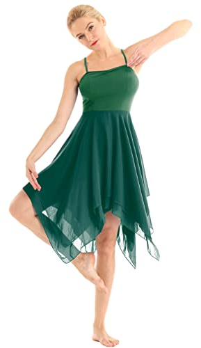 Agoky Damen Ballettkleid Ballettanzug Träger Kleid Asymmetrisch Latin Tanzkleider ärmellos Ballett Trikot Body Wickelrock 34 36 38 40 42 44 Grün A S