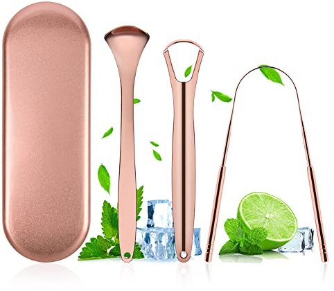 ACWOO Zungenreiniger, 3 Stück Zungenschaber Edelstahl Set, Roségold Toungescraper für Erwachsene Mundpflege, Tongue Scraper Gegen Mundgeruch Zungenbürste Heilt Schlechten Atem(Roségold)
