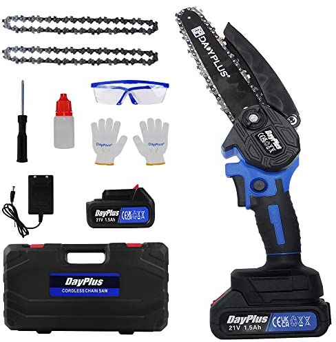 Akku Kettensäge 6 Zoll Mini Kettensäge Tragbarer Elektro Kettensäge mit 1 Batterie,2 Ketten,Bürstenlosem Motor Einhand Kettensäge,Handkettensäge Akku für Garten Astschere Baum Holz Schneiden