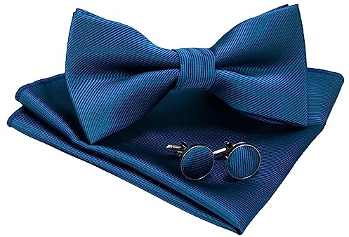 JEMYGINS Conjunto de Pajarita y Pañuelo Sólido con Gemelos para Hombre Azul acero 2