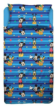 Mickey Mouse - Juego de sábanas para Cama Individual, sábana encimera, sábana Bajera, Funda de Almohada, Color Azul, 100% algodón, Producto Oficial