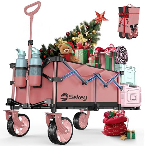 Sekey XXL Bollerwagen Faltbar mit Erweiterbarer Heckklappe 135L & 200L, Faltbarer Bollerwagen Klappbar Angelwagen Zusammenfaltbar aus Vier Richtungen bis 150KG, Flexi 4019, Rosa mit Schwarz