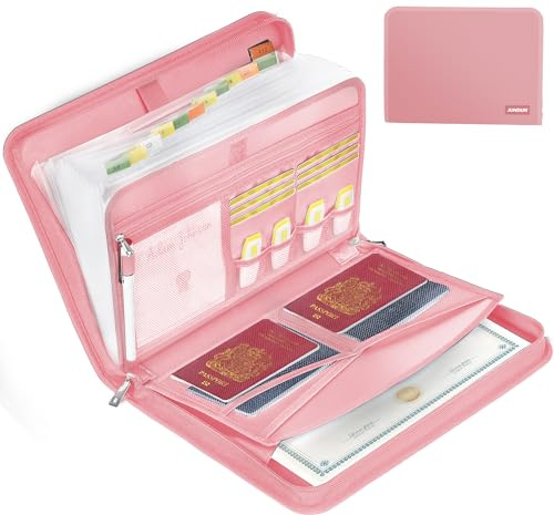 JUNDUN Fackmapp – dokumentmapp a4 med flera fack – brandsäker dokumentväska med dragkedja och etiketter – för A4-filer med mera (Transparent dragspel med 26 fickor, ROSA)