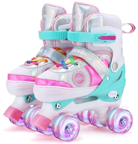 Adjustable Roller Skates for Girls, 4 Size Adjustable Skates with All Illuminating Wheels of Shine Fun for Kids Ages 3-8 or 6-12 Years Old Girls (Medium (UK 1-4))