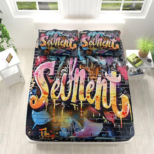 Graffiti-Kunst Design Spannbettlaken 140x200cm Weiche Mikrofaser Boxspringbett Bettlaken, Mehrfarbig Unterseite Spannbetttuch, Rund-um Elastischem Gummizug, für Matratzen von 5-30 cm