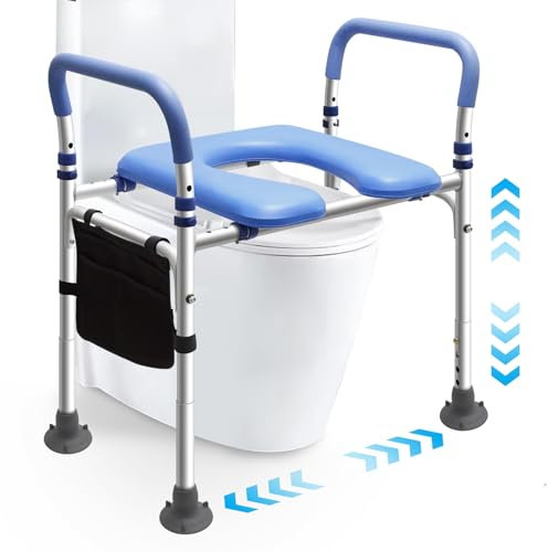 Rehausseur Toilette Adulte, Rehausseur WC Adulte avec Accoudoir, Barre d'Appui WC, Chaise Percée Toilette avec Siège Réglable, Cadre de Sécurité WC, Largeur et Hauteur Réglables, Jusqu'à 150 kg (Bleu)