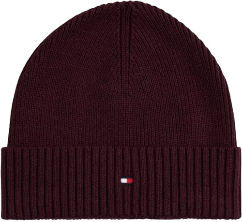 Tommy Hilfiger Uomo Berretto in Maglia Flag Cotton Beanie con Cachemire, Marrone (Deep Burgundy Melange), Taglia Unica