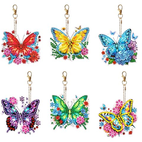 Zamety 6 Pezzi Diamond Painting Portachiavi Farfalla Diamond Painting Pendente DIY Pittura Diamante 5D Diamantini Crystal Art Ornamento Doppia Faccia Strass Adesivi per Bambini Adulti Zaino Borsa
